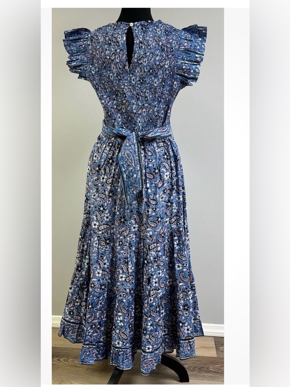 Cleobella Autumn Midi Dress Blue Paisley Floral Flutter Sleeve Smocked Size M - Picture 2 of 14
